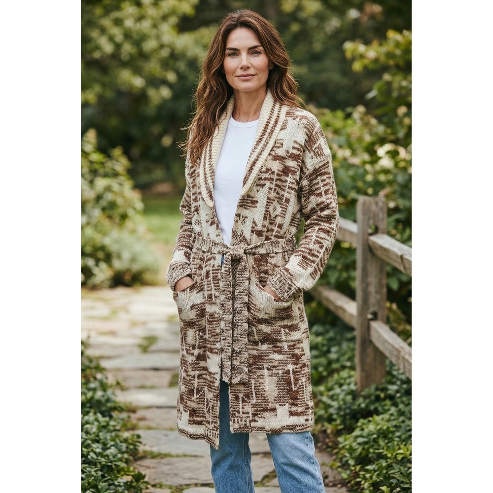 NWT POL Women's Southwestern Knit Longline Belted Cardigan Sweater Brown S